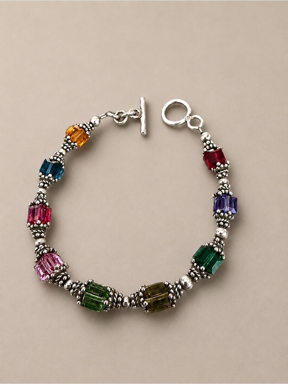 Estate Sterling Silver Toggle Glass Beaded Bracelet VERY Pretty 14.7 grams